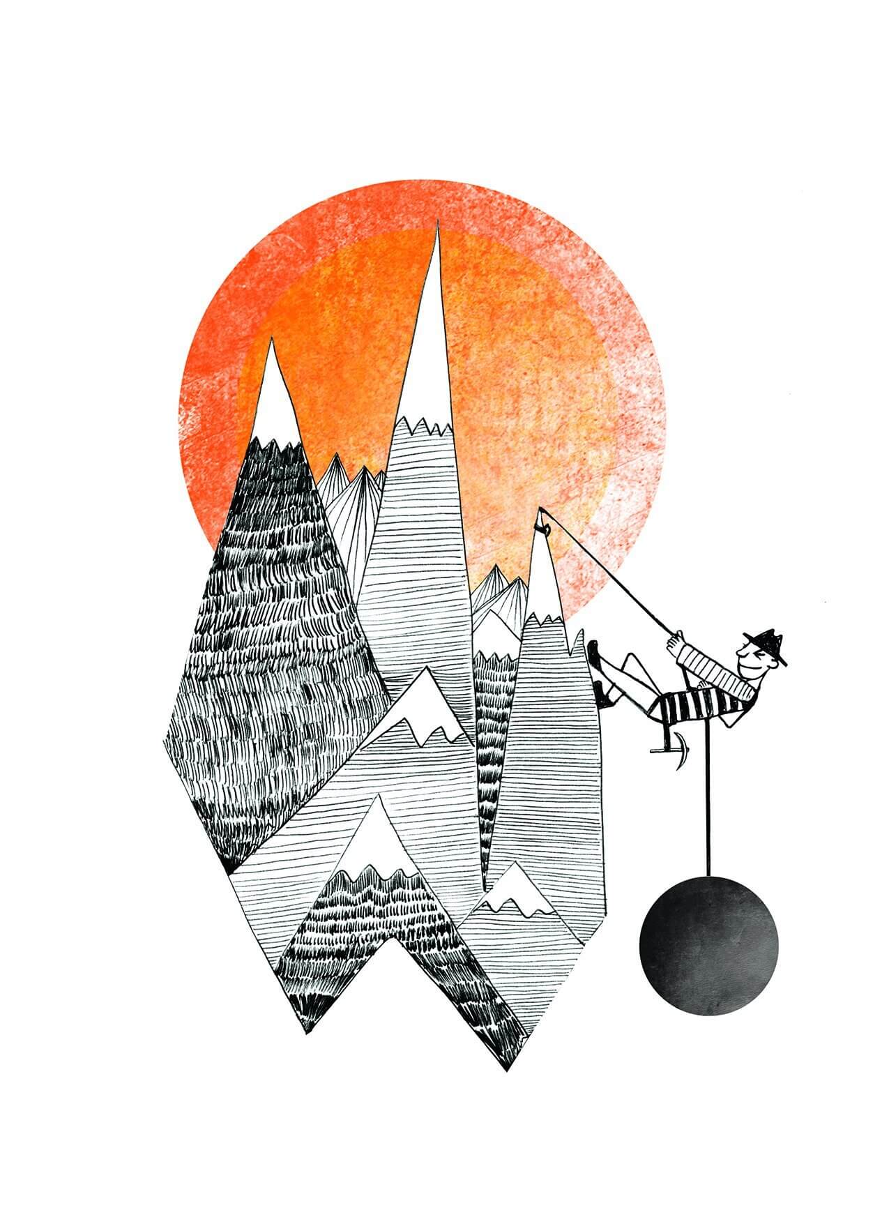 Hand drawn illustration of a mountain climber hanging from a mountain carrying a heavy weight. 