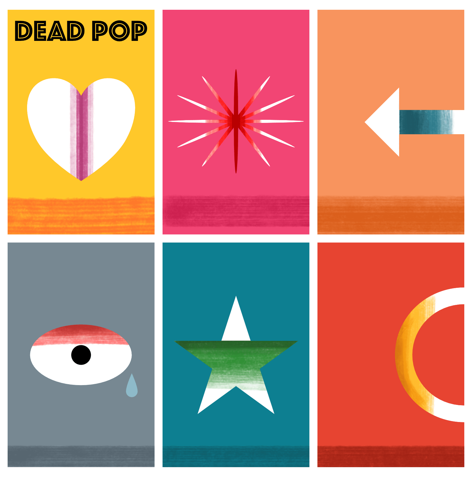 Vector illustration featuring colourful grid and vector shapes with block colour backgrounds and shading. 