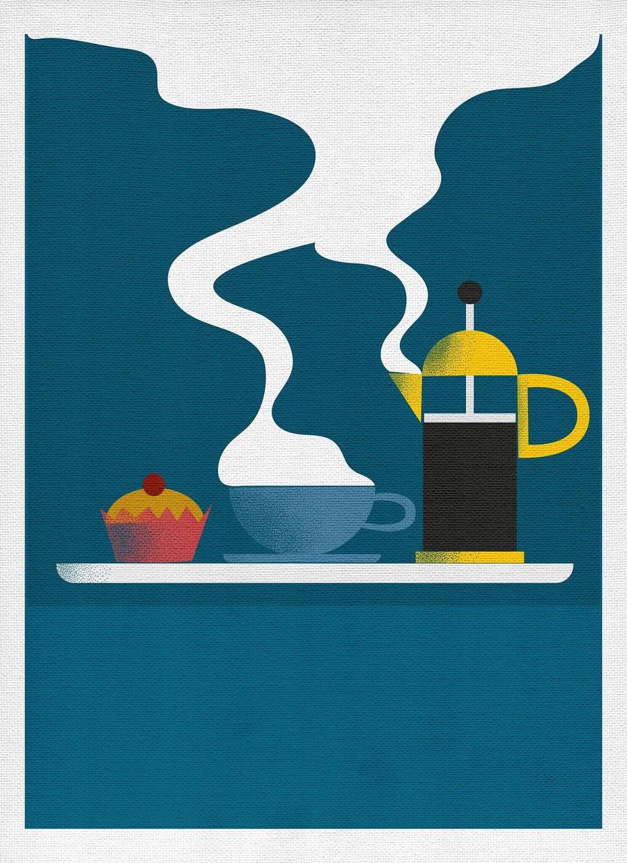 Vector illustration of cafetiere, cup and cupcake. 