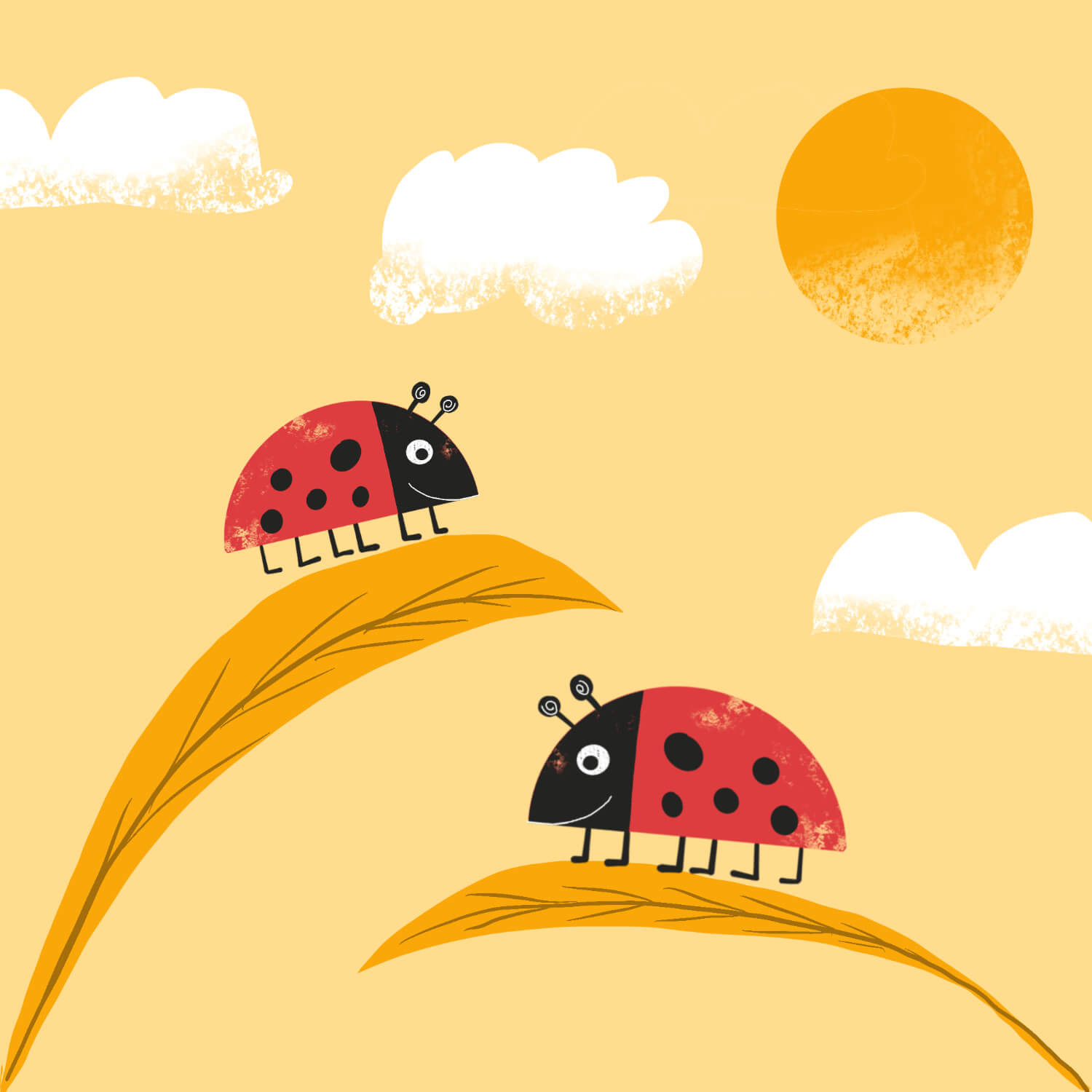Vector illustration of ladybirds on leaves. 