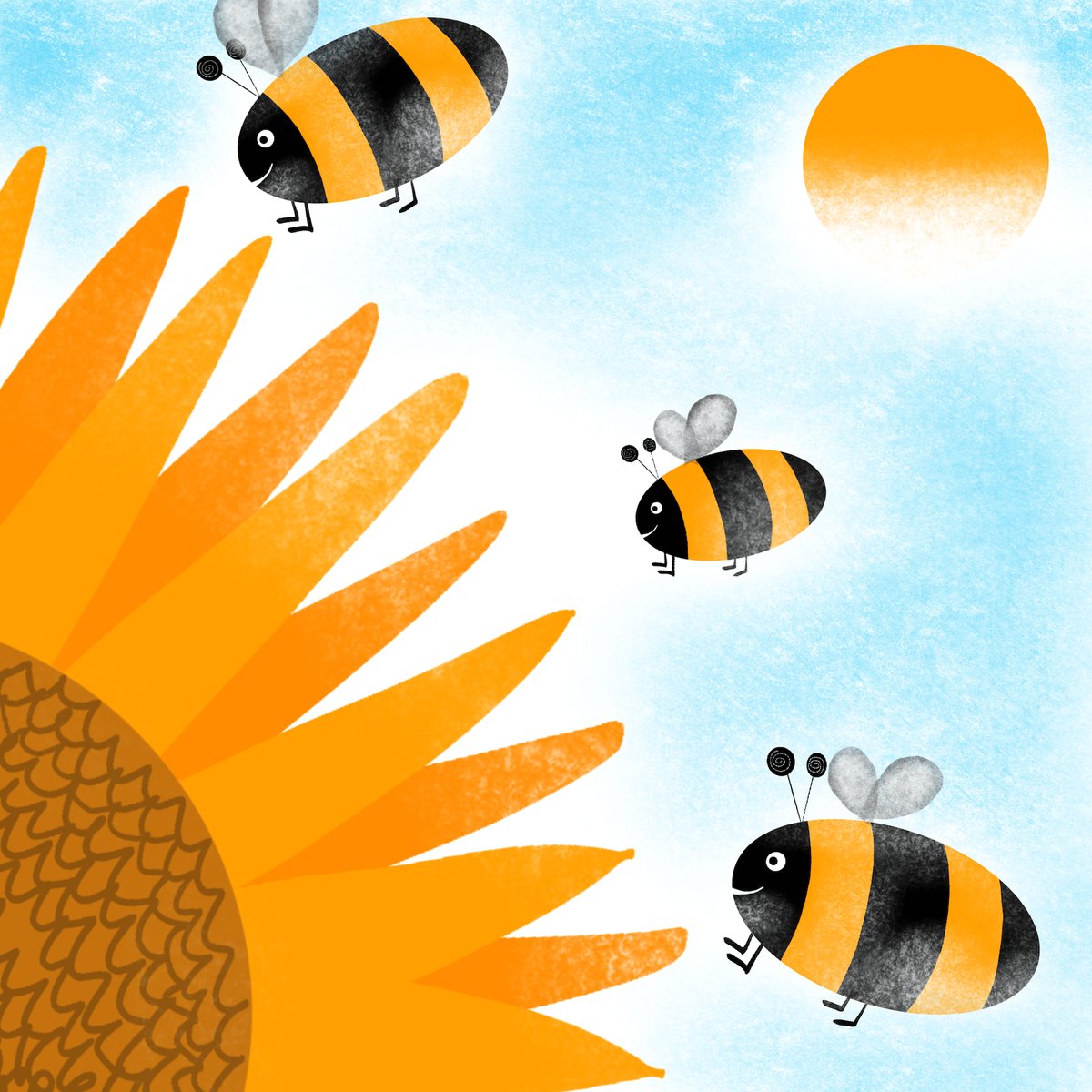Illustration of bumble bees flying around a sunflower. 