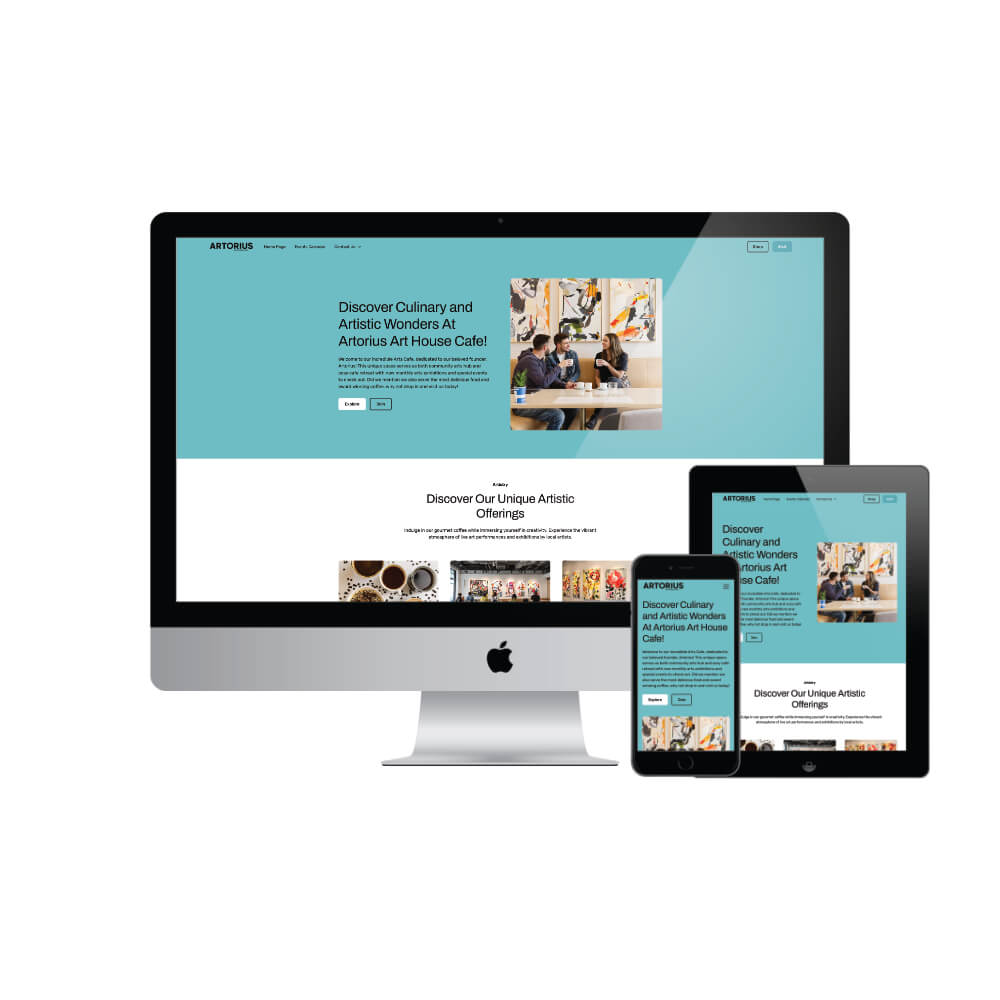 Mockup of Artorius Arts Cafe website on desktop, tablet and iphone screens.
