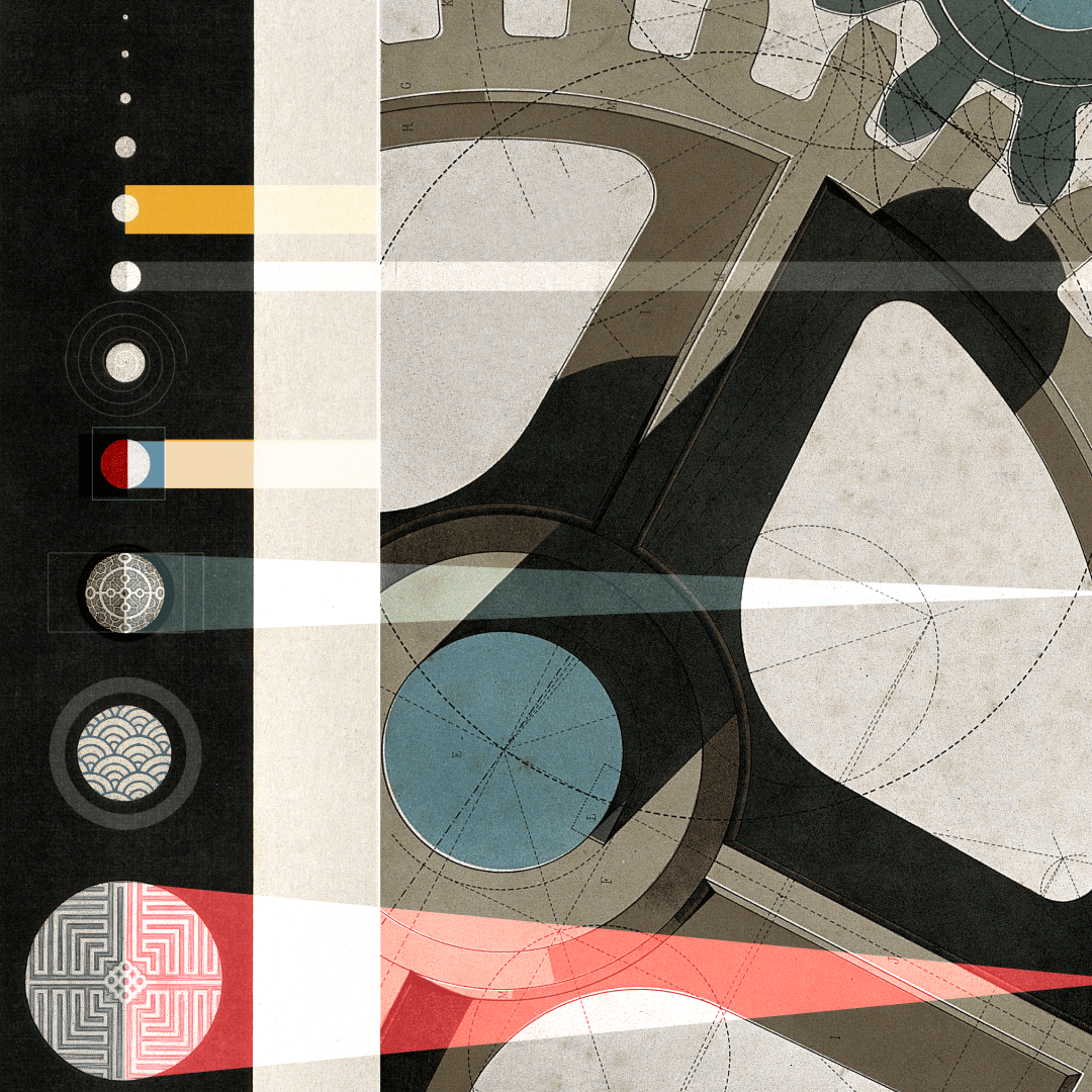 Abstract geometric illustration for album cover design, inspired by planetary orbits, cosmic diagrams, and mechanical forms. Contemporary graphic artwork with celestial motifs and precise linework.