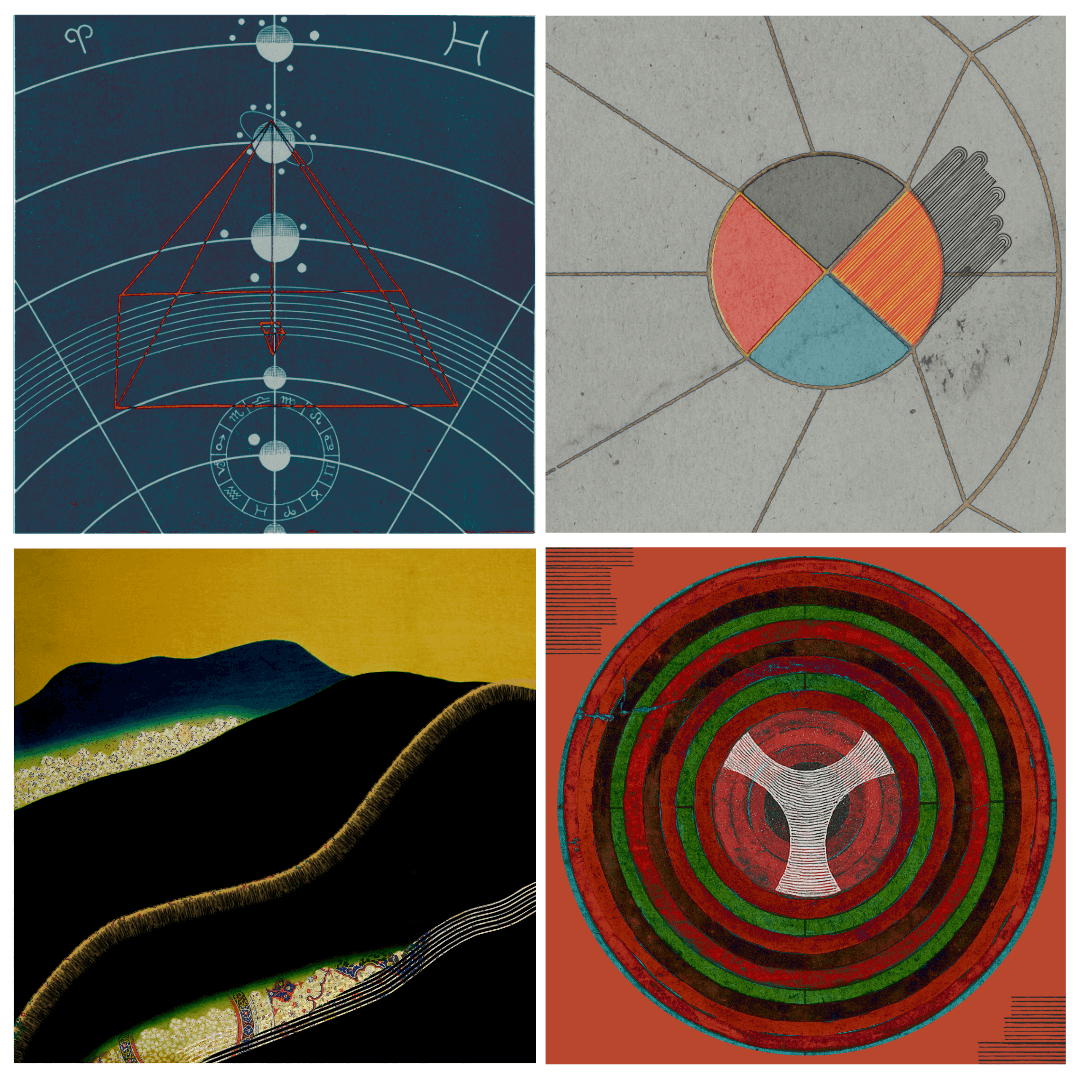 Abstract illustration series for album cover design, featuring geometric patterns, cosmic charts, textured landscapes, and concentric circles. Modern graphic artwork blending science, art, and symbolism.
