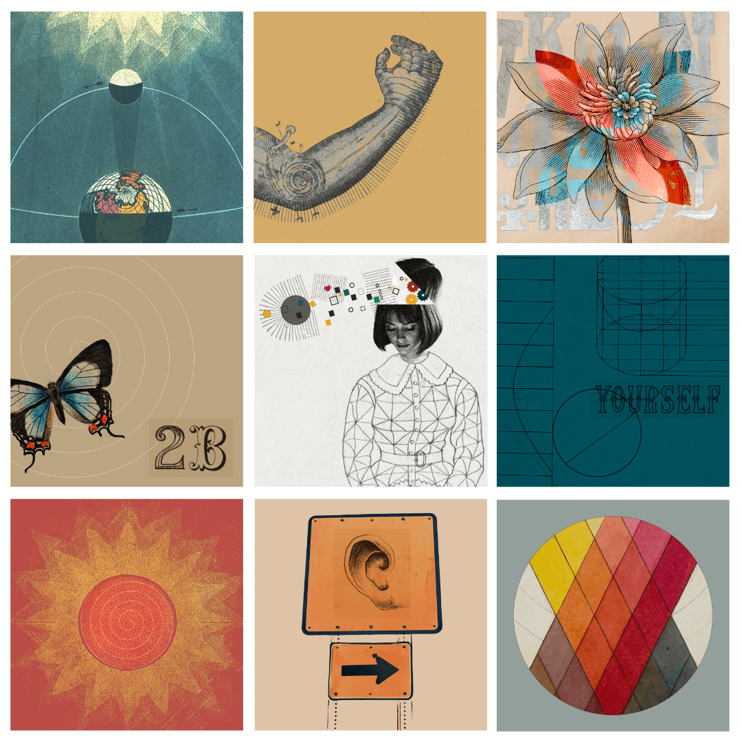 Series of nine abstract illustrations in a grid layout for album cover design, featuring surreal and symbolic imagery including a flower, butterfly, human figure, geometric patterns, and bold graphic motifs. Contemporary illustration blending modern design with conceptual art.