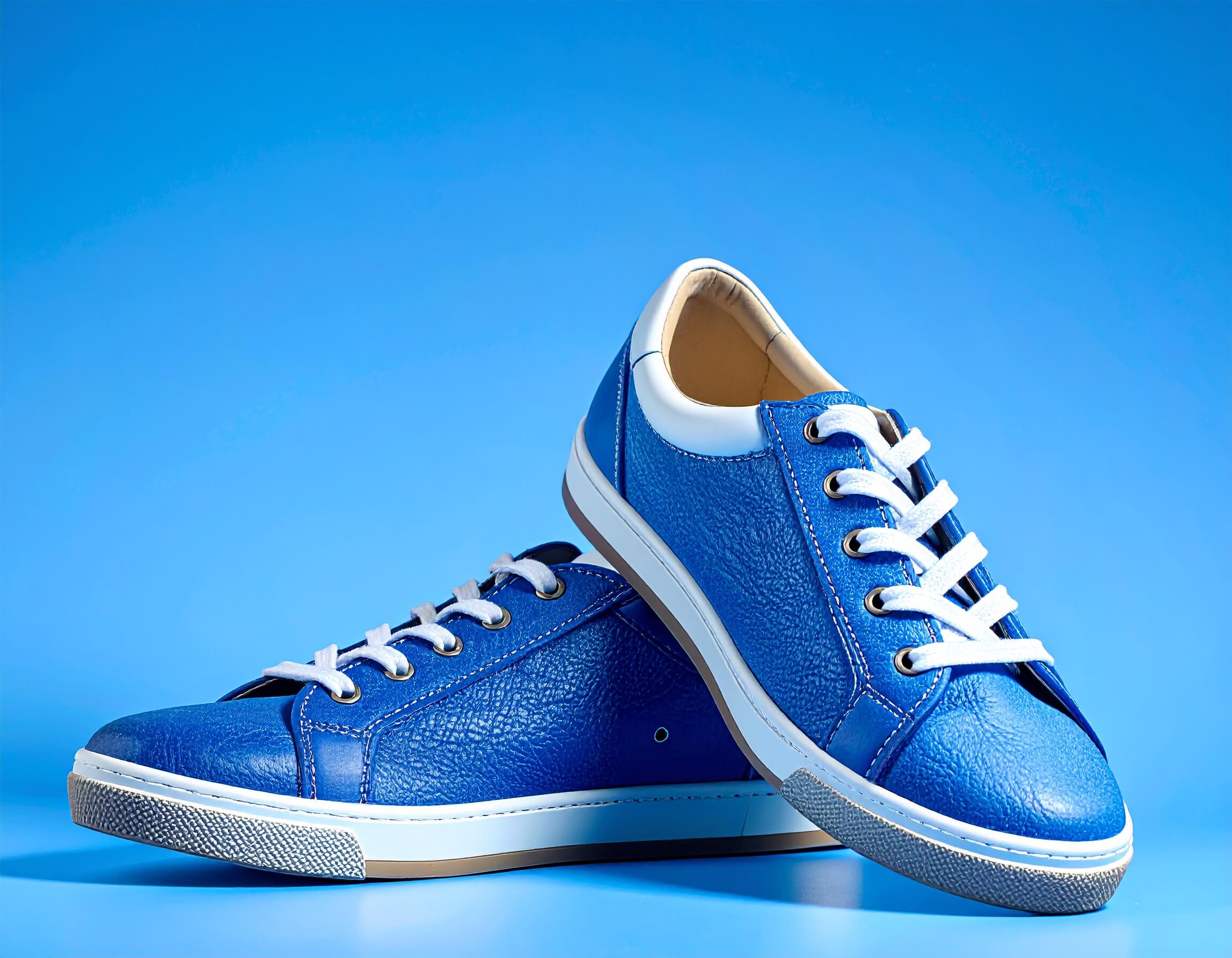 Product shot of blue leather trainers with white soles and laces on a blue gradient background. 