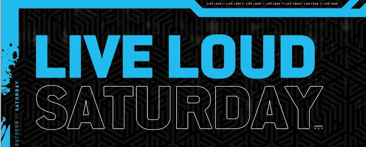 Decibel Outdoor Live Loud Saturday event poster with bold blue typography