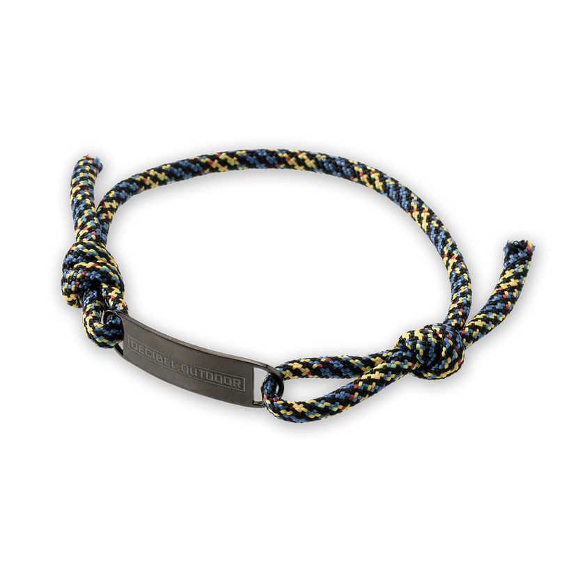 Rope bracelet including embossed Decibel outdoor logo.