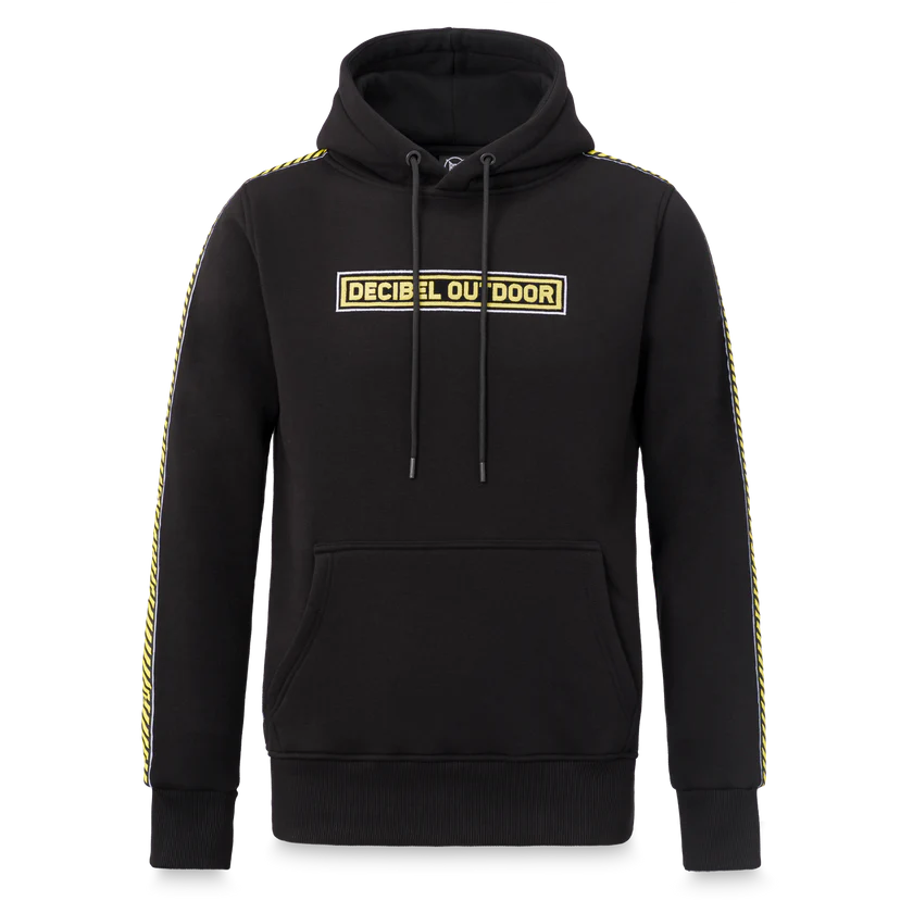 Printed logo on the chest. Yellow/black striped tape on the sleeves