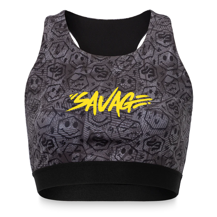 All-over pattern print over the sport bra. Including a printed Savage logo on the front and a Decibel outdoor logo on the back.