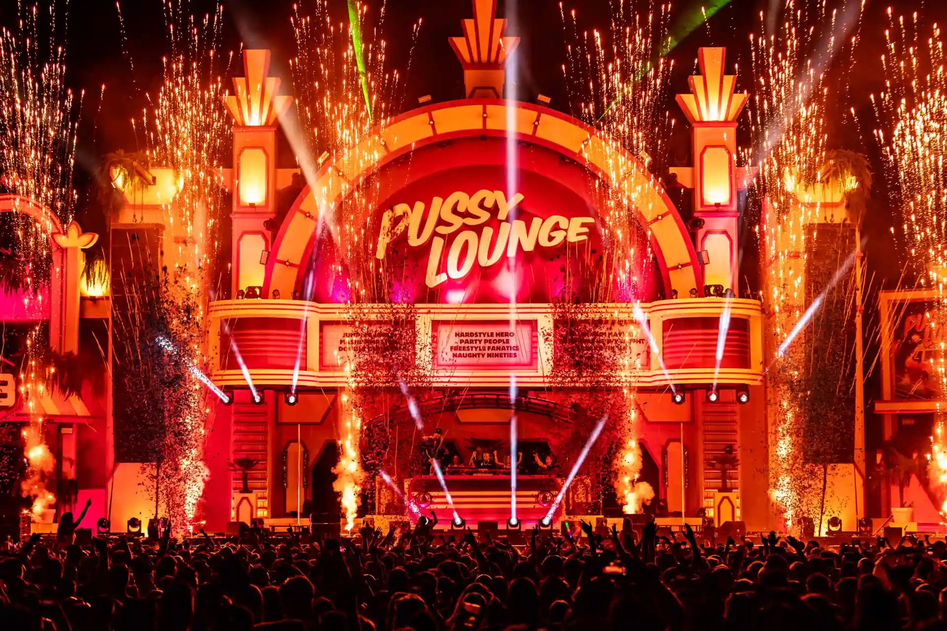 Decibel Outdoor festival stage with Pussy Lounge pyrotechnics and crowded audience