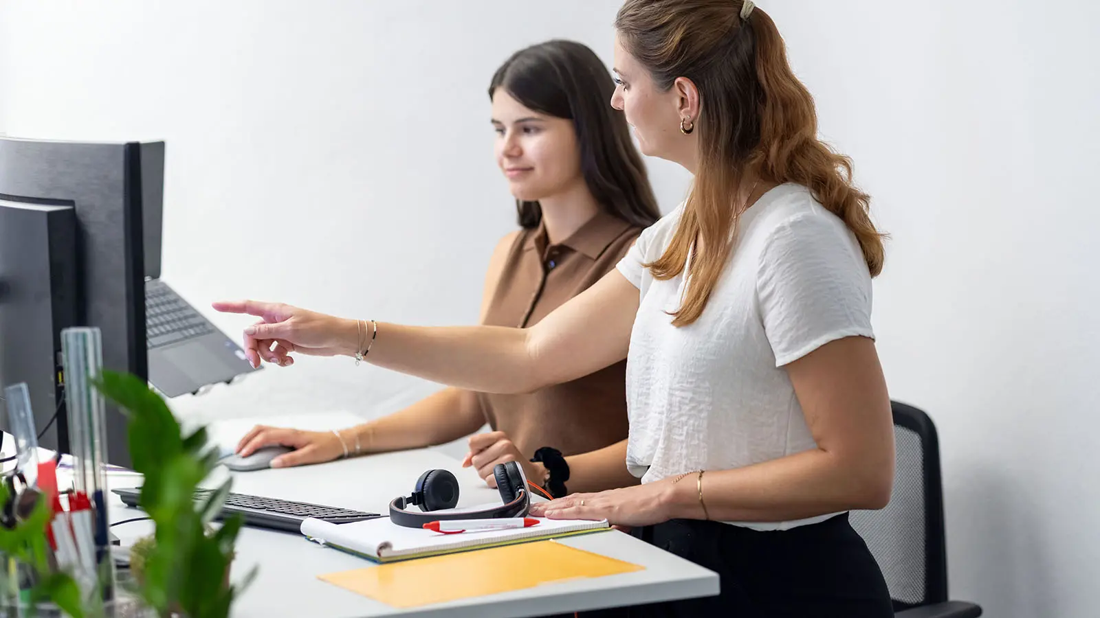 wei Mitarbeiterinnen im Büro besprechen Aufgaben am Computerbildschirm