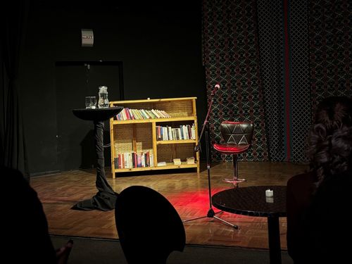 The stage set-up for a spoken word event.