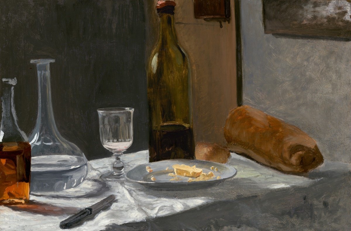 Oil painting of a carafe, a glass, a wine bottle, butter and bread.