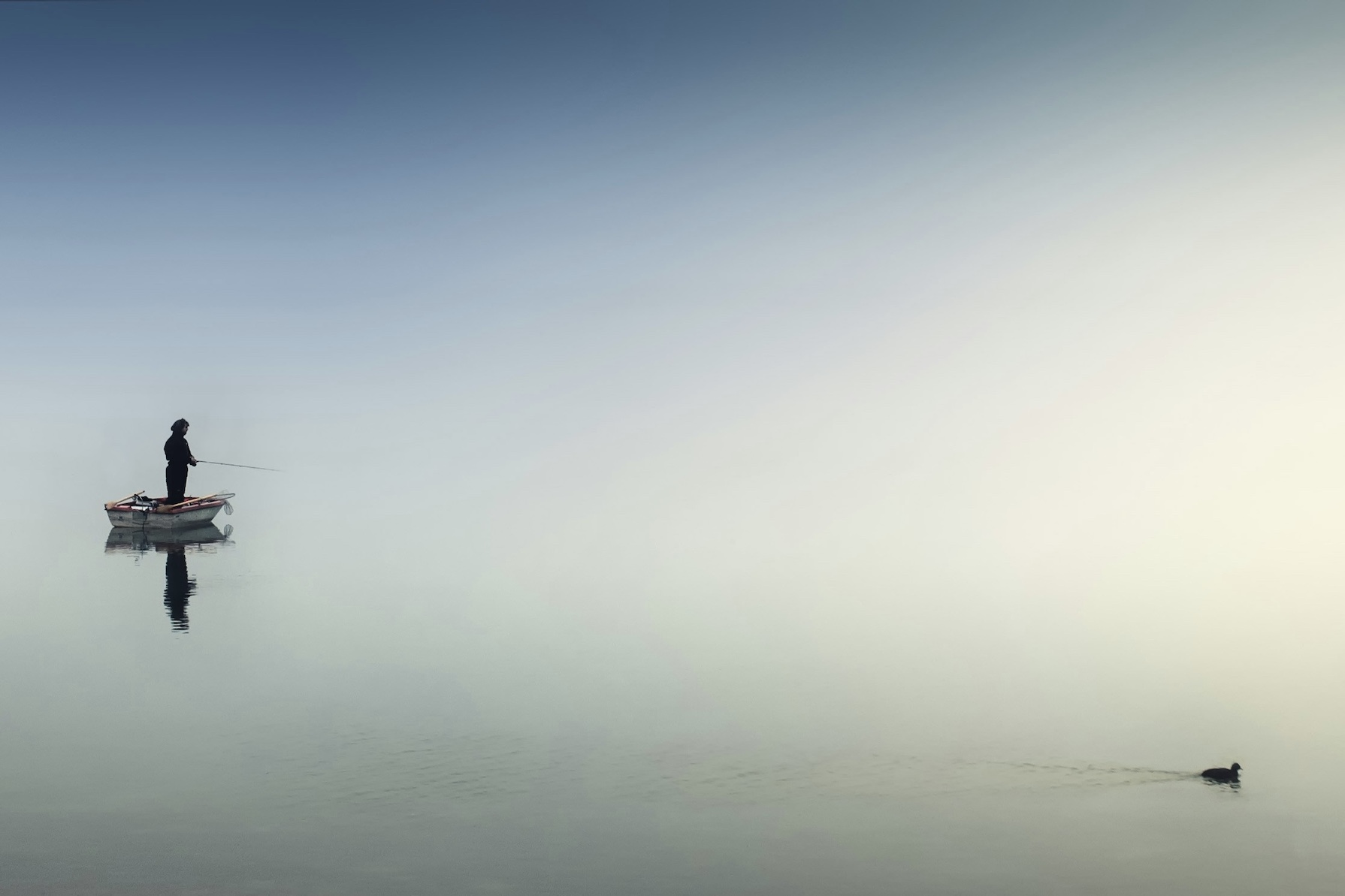 A man fishes on a boat while a duck swims by.