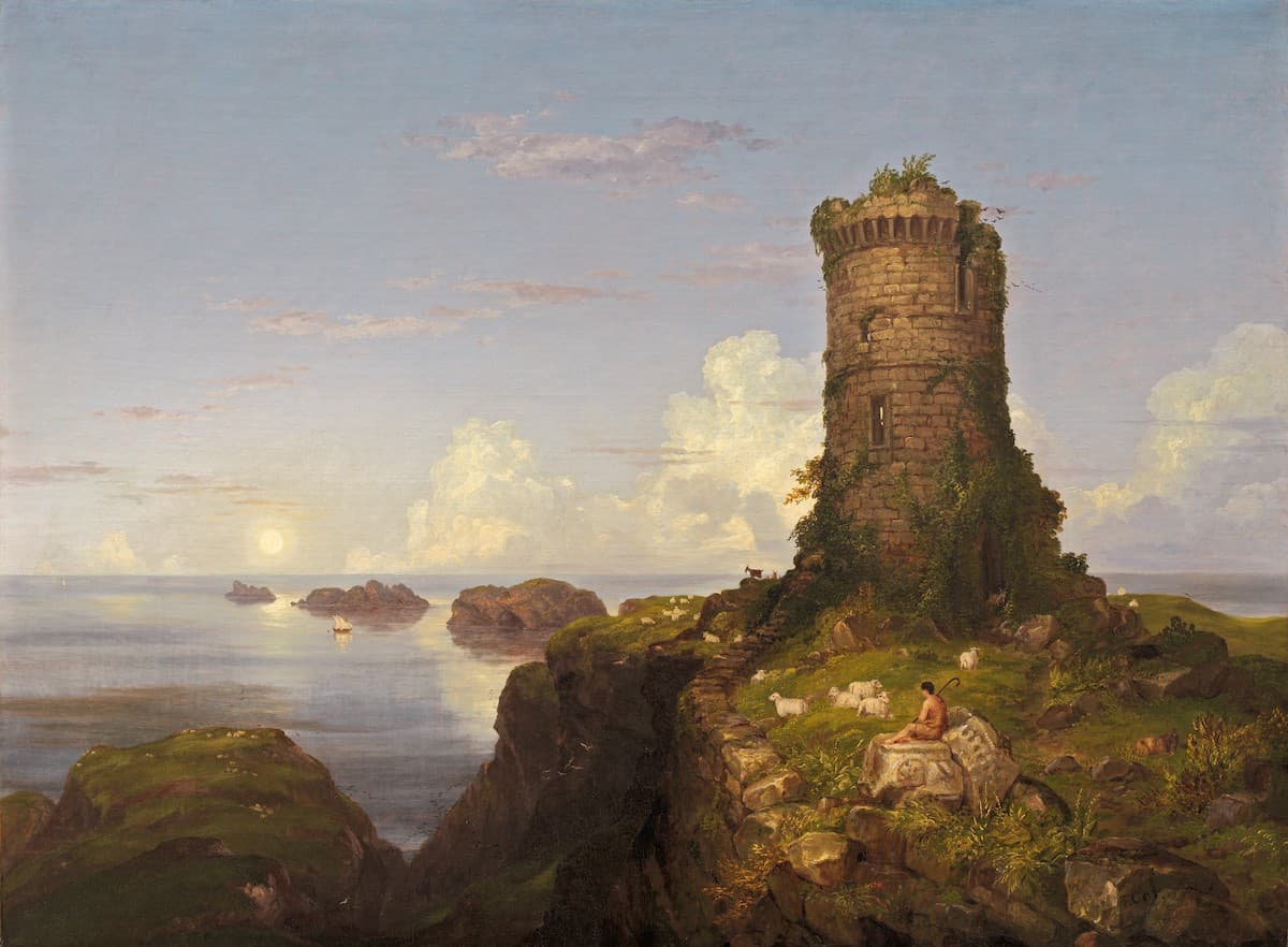 A painting of a landscape featuring a ruined castle and a map sitting alone.