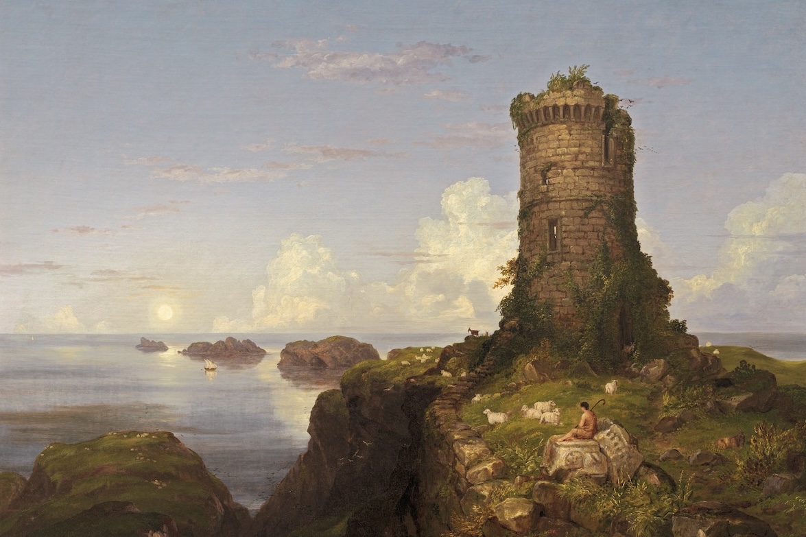 A painting of a landscape featuring a ruined castle and a map sitting alone.