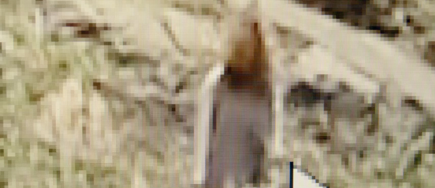 An apparition seen through pixelated footage.