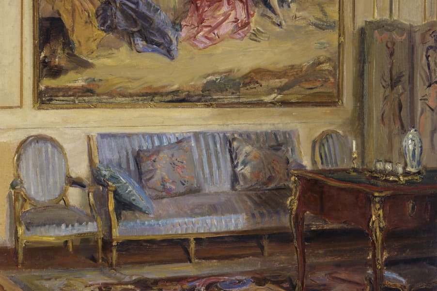 Painting of an upscale living room.