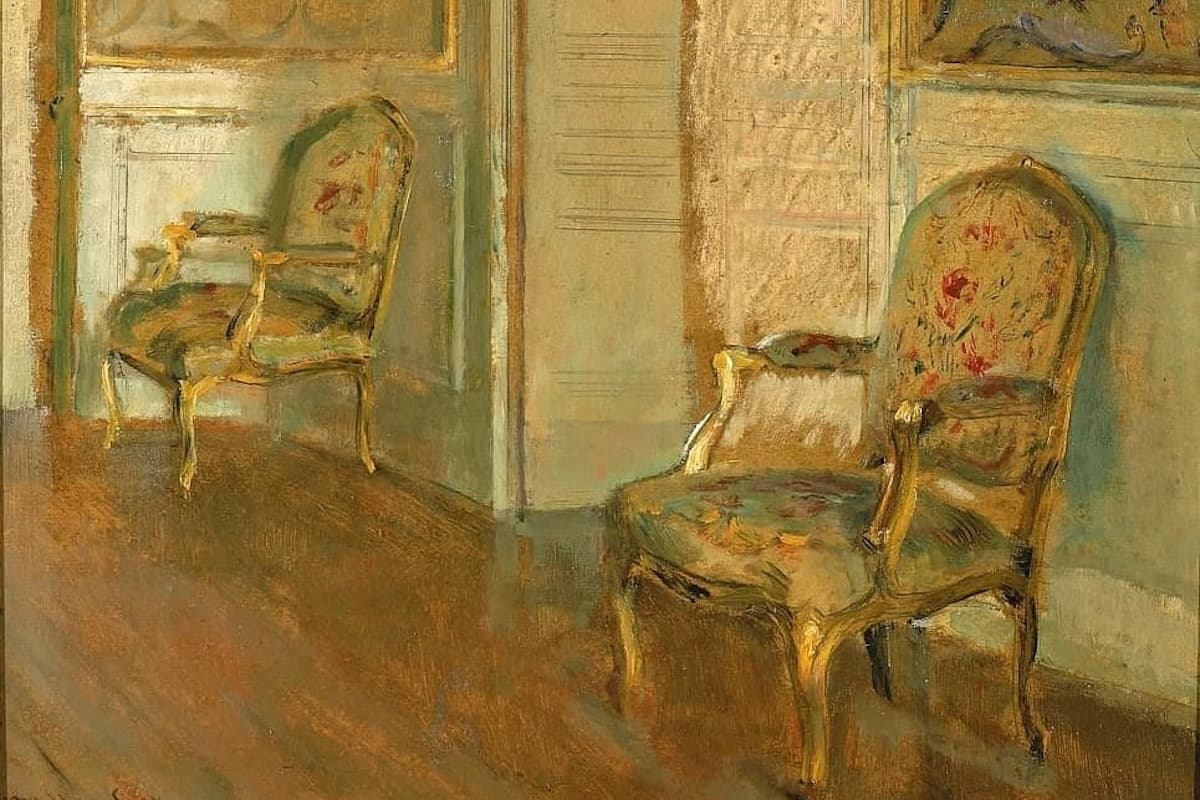 Painting of gilded armchairs in a living room.