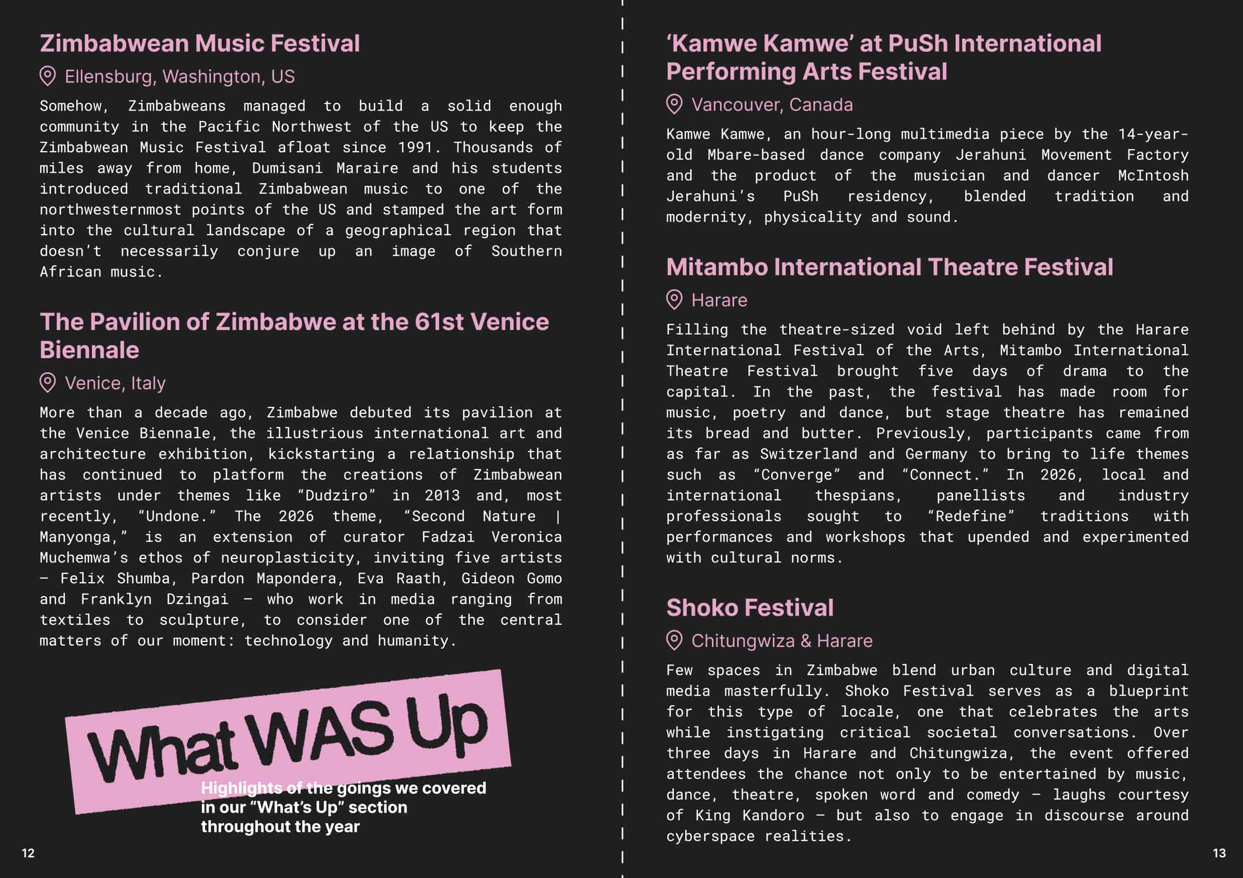 An internal page of the Landlocked zine highlighting events from the past year.