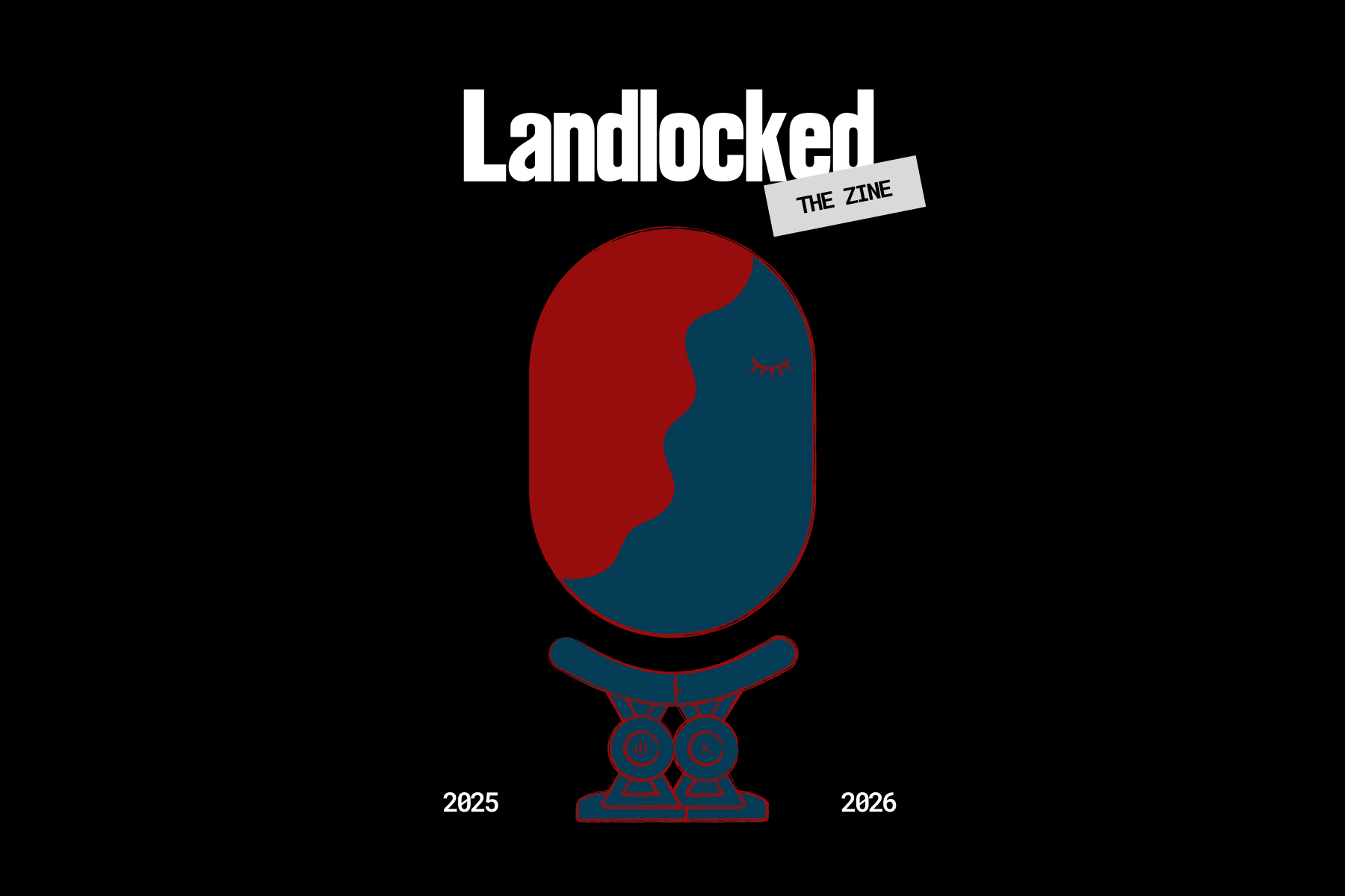 The cover of the Landlocked zine featuring an illustrated head one a headrest.