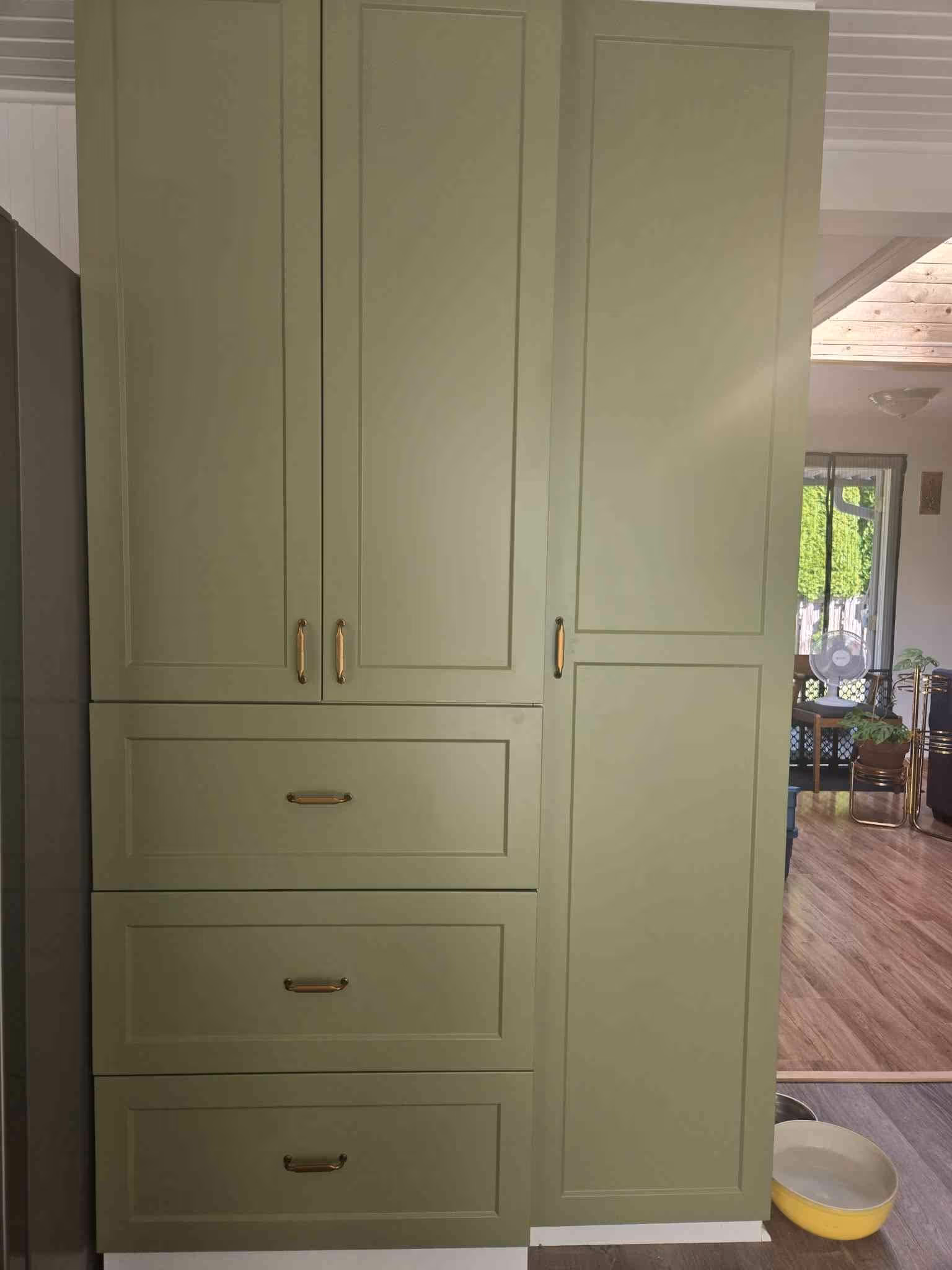 ✔️Cabinet re-facing with sage colored shaker doors and drawer fronts. Painted former white gable ends to match
✔️Acacia Chevron Butcher Block Countertop, oiled with food grade finish 
✔️ Tongue and groove knotty pine v-groove 1x6 ceiling throughout kitchen, dining, and hallway 
✔️Sterling Oak 7mm  Click Lock Waterproof Luxury Vinyl Plank Flooring throughout kitchen, dining, hallway and mud room.  
✔️Tiled backsplash 
✔️ Natural wood window finishes with insulation and vapour barrier ensured first 
✔️ Douglas fir stained baseboards #
✔️ Remodeled buffet also with butcher block featuring custom vinyl record dividers.  Deleted ceiling valance 
✔️Fresh paint in kitchen &  dining rooms
✔️Restored kitchen island with matching countertop, addition of shaker doors, fir base and sage paint.
✔️ Updated light fixtures and a couple of switch and plug replacements
✔️ Stainless steel appliances install, (hood fan, dishwasher and fridge 