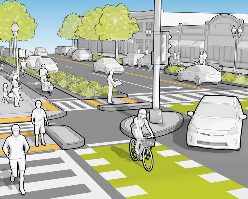 Illustration of an urban street with separated bike lanes, pedestrians on crosswalks, trees along the road, parked cars, and a cyclist riding in a green bike lane.