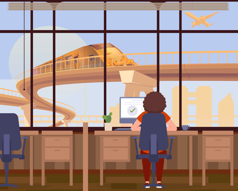 Illustration of person sitting at desk using computer with a checkmark on screen, viewed through large windows showing an elevated train and an airplane in the sky.