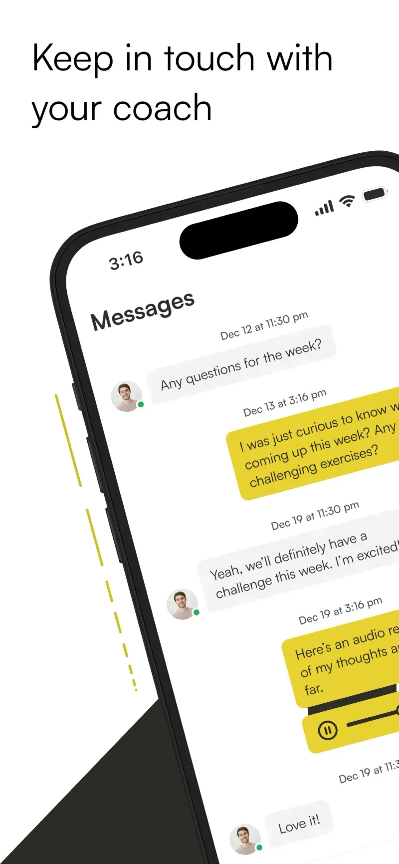 MyCoach messages screen with a conversation between a member and coach