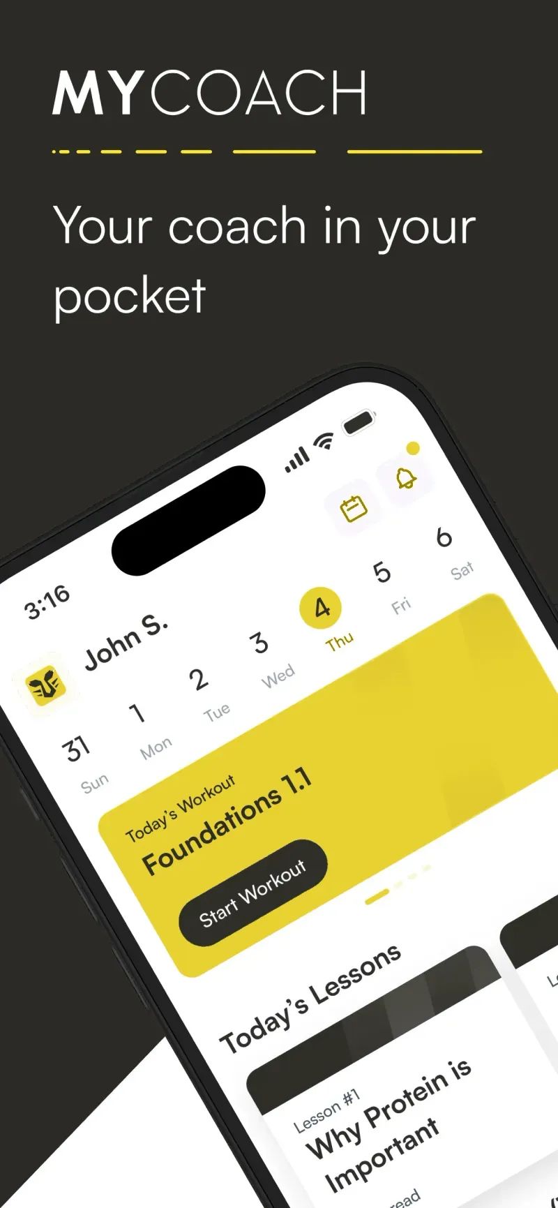 MyCoach home screen showing today's workout and lessons