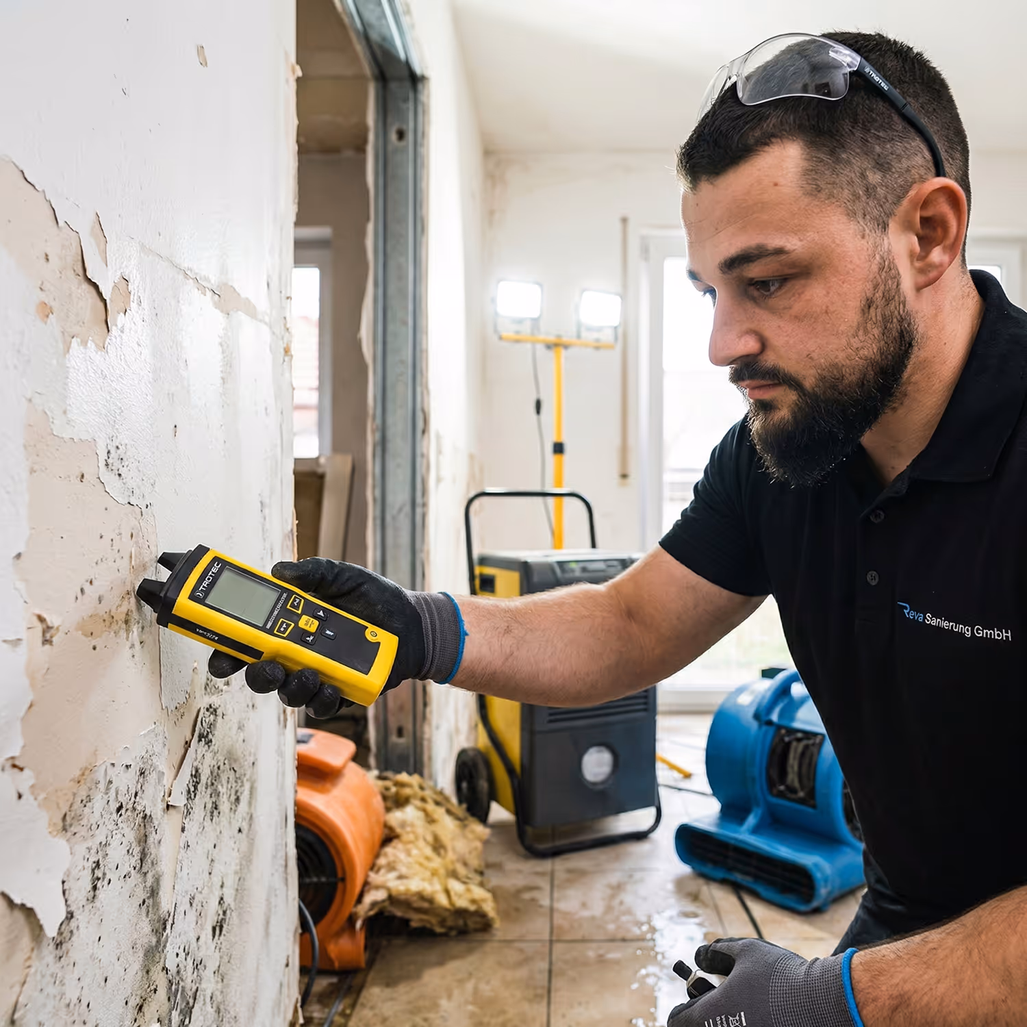 Messgerät Hydromette UNI 2 zeigt 25,8 mit zwei Sensoren an einem Holzboden und weißer Wand.
