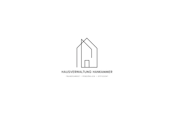 Logo von Hausverwaltung Hankammer mit einem minimalistischen Hausdesign und Slogan transparent, persönlich, effizient.