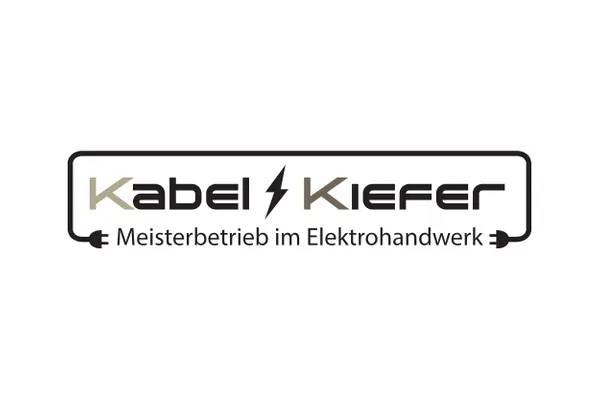 Kabel Kiefer logo with electrical plug icons and text Meisterbetrieb im Elektrohandwerk.