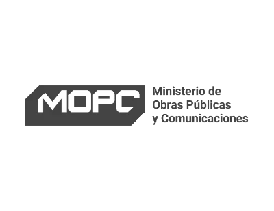 Logotipo del Ministerio de Obras Públicas y Comunicaciones con las siglas MOPC en una figura geométrica oscura.