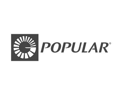 Logotipo de POPULAR con un diseño circular estilizado y texto.