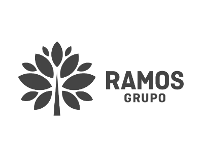 Logotipo con un árbol estilizado hecho de hojas y el texto RAMOS GRUPO.
