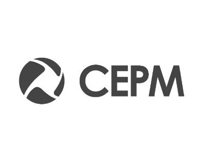 Logotipo de la empresa CEPM con un ícono circular abstracto.