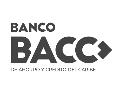 Logotipo de Banco BACC con el texto 'Banco BACC de Ahorro y Crédito del Caribe' y un símbolo de flecha apuntando a la derecha.