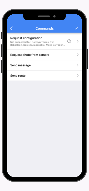 Smartphone screen showing an app's Commands menu with options to request configuration, request photo from camera, send message, and send route.