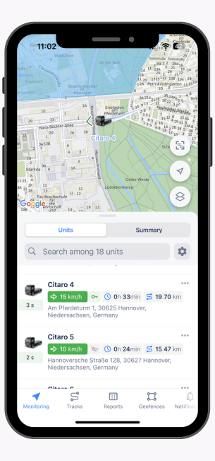 Mobile app screen showing a map with vehicle locations and a list of units with their speeds, travel times, and distances in Hannover, Germany.