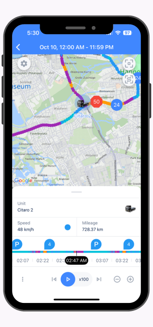 Mobile app screen displaying a map with a vehicle icon on route Citaro 2, showing speed 48 km/h and mileage 728.37 km, with a timeline and playback controls below.