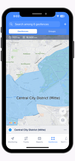 Mobile phone screen showing a map with a highlighted geofence labeled Central City District (Mitte), with options to search geofences and tabs for monitoring, tracks, reports, geofences, and notifications.