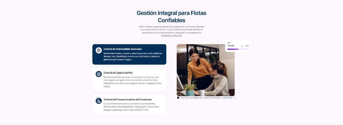 Dashboard for comprehensive fleet management showing advanced fuel control, cold chain monitoring, and driver behavior control with two women discussing in an office.
