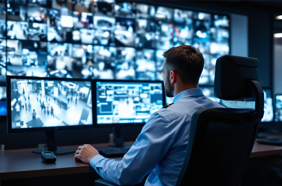 Security officer monitoring surveillance footage on multiple screens in a control room.