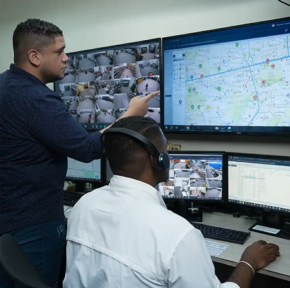 Two men monitoring security camera footage and a digital map on multiple computer screens in a control room.