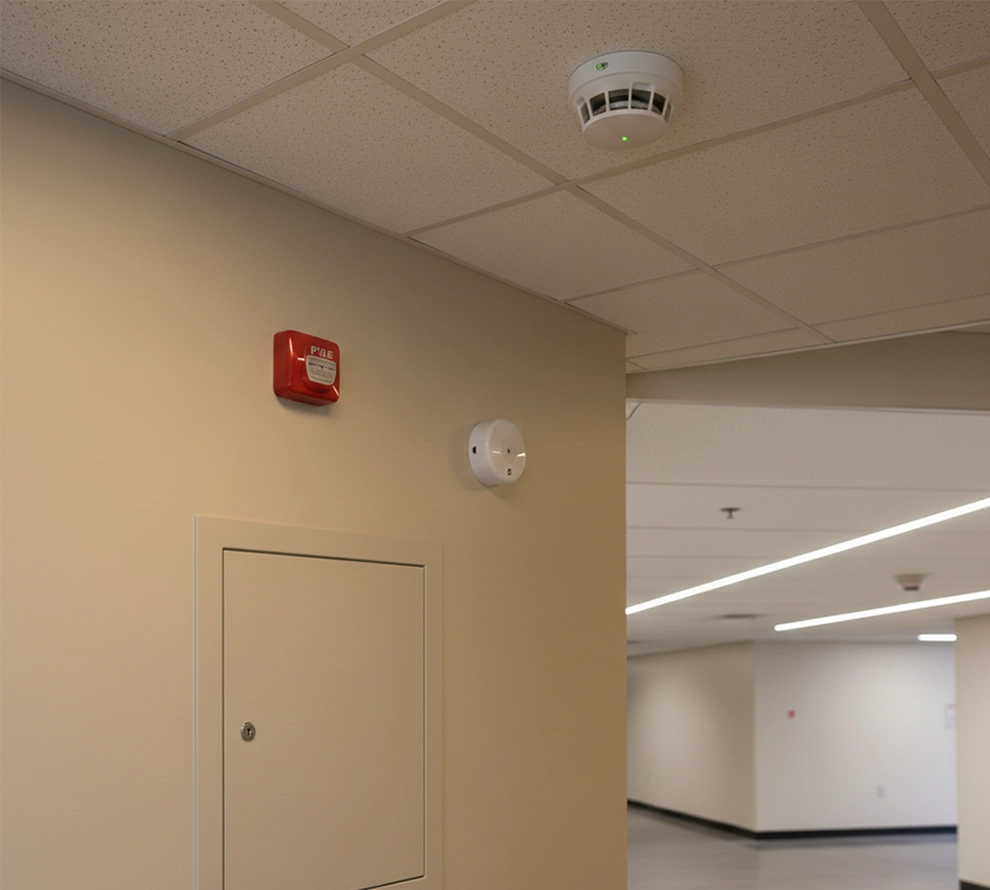 Interior hallway corner with a beige wall, a red fire alarm, a white smoke detector, and a ceiling-mounted smoke sensor with a green light.