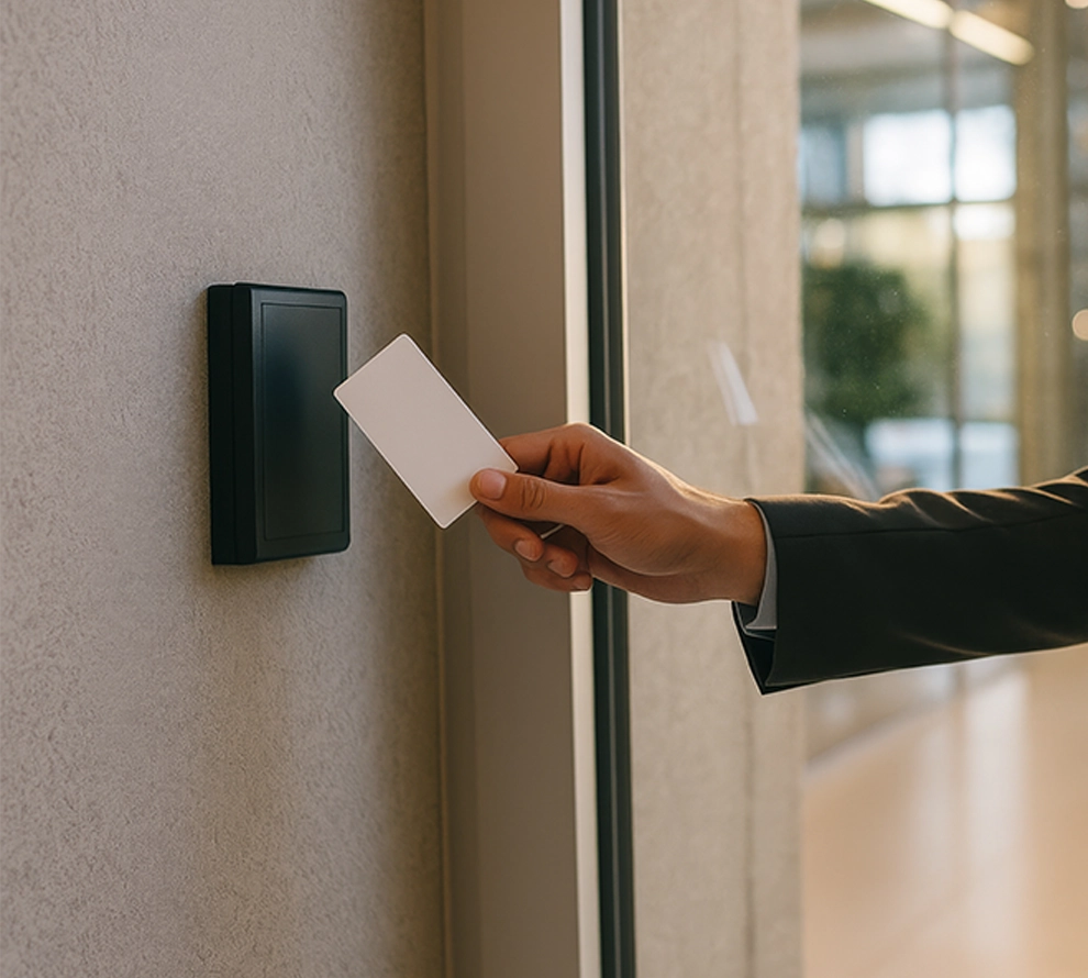 Person holding a white card near a black card reader mounted on a wall to access a secured door.