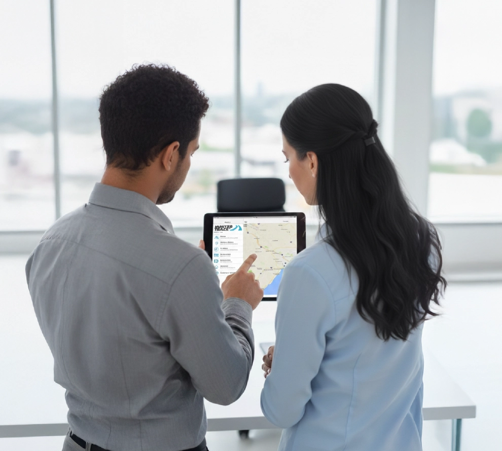 Man and woman standing in a bright office looking at a tablet displaying a navigation map.