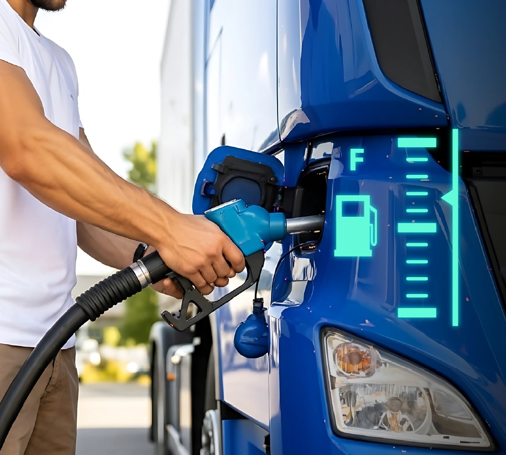 Person refueling a blue truck with a blue fuel nozzle, with a digital fuel gauge graphic overlay near the fuel tank.